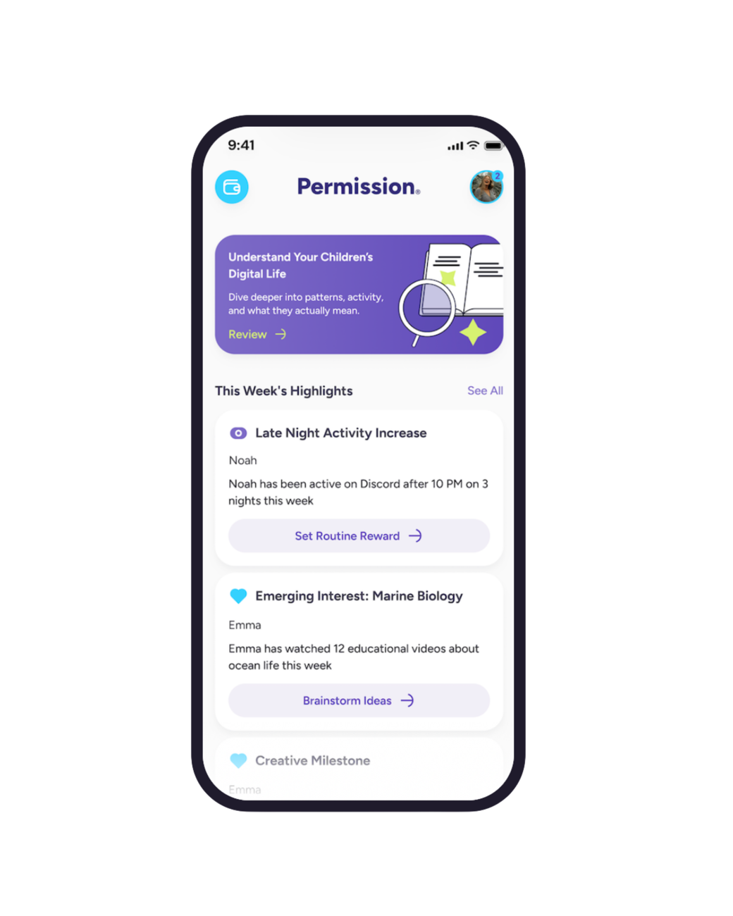 Permission app showing family activity highlights